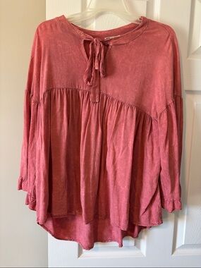 Washed Rose Tie-Neck Peasant Tunic Top